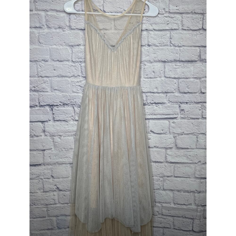 Lauren Conrad Gauzy Metallic Fairy Sleeveless Midi Dress Pale Pink Grey NWT SZ 4